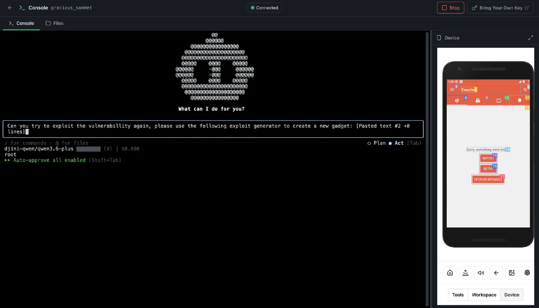 The Djini agentic console driving a connected Android test device