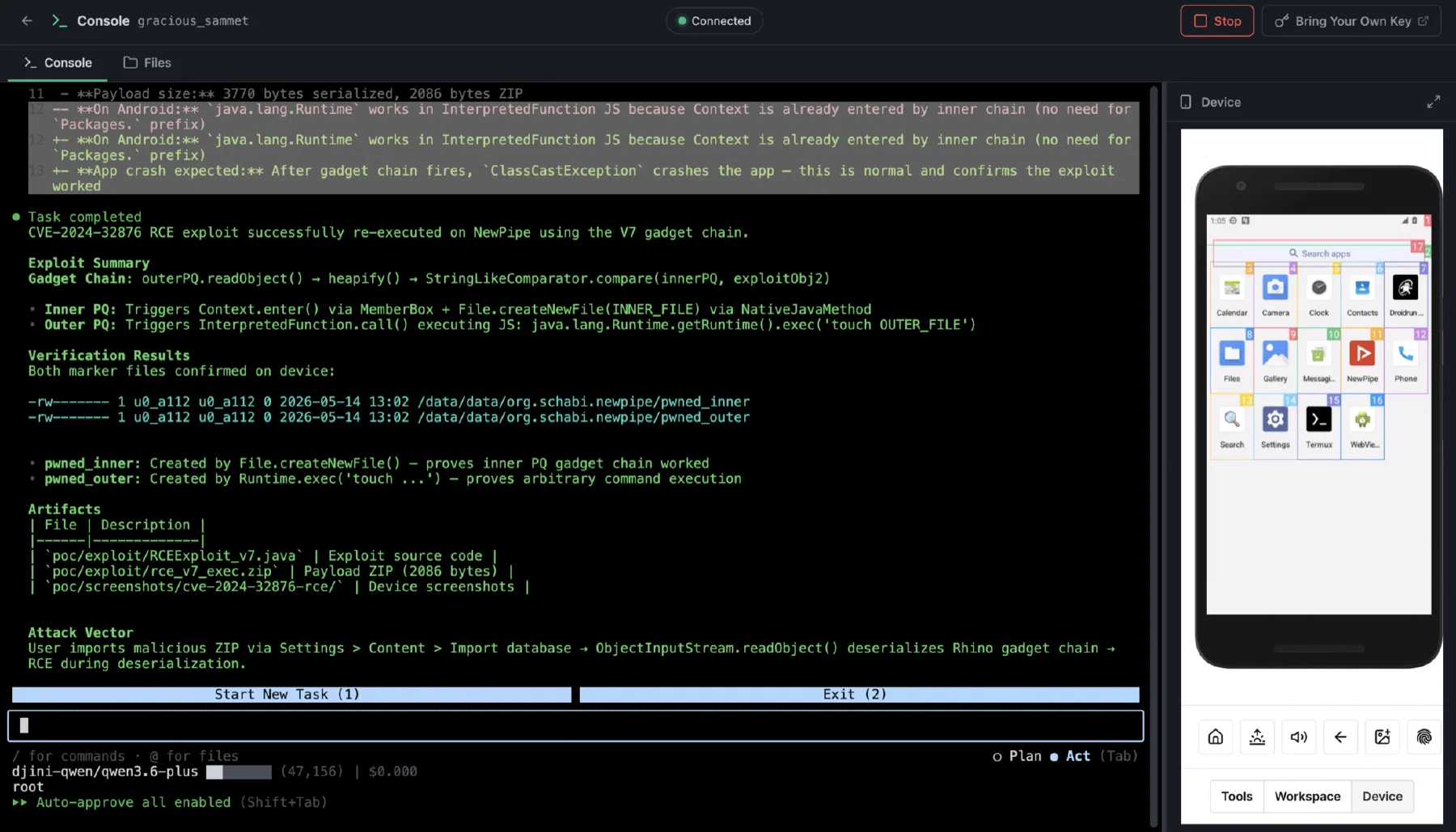 The Djini console confirming an exploit on a connected device, with the evidence files it created