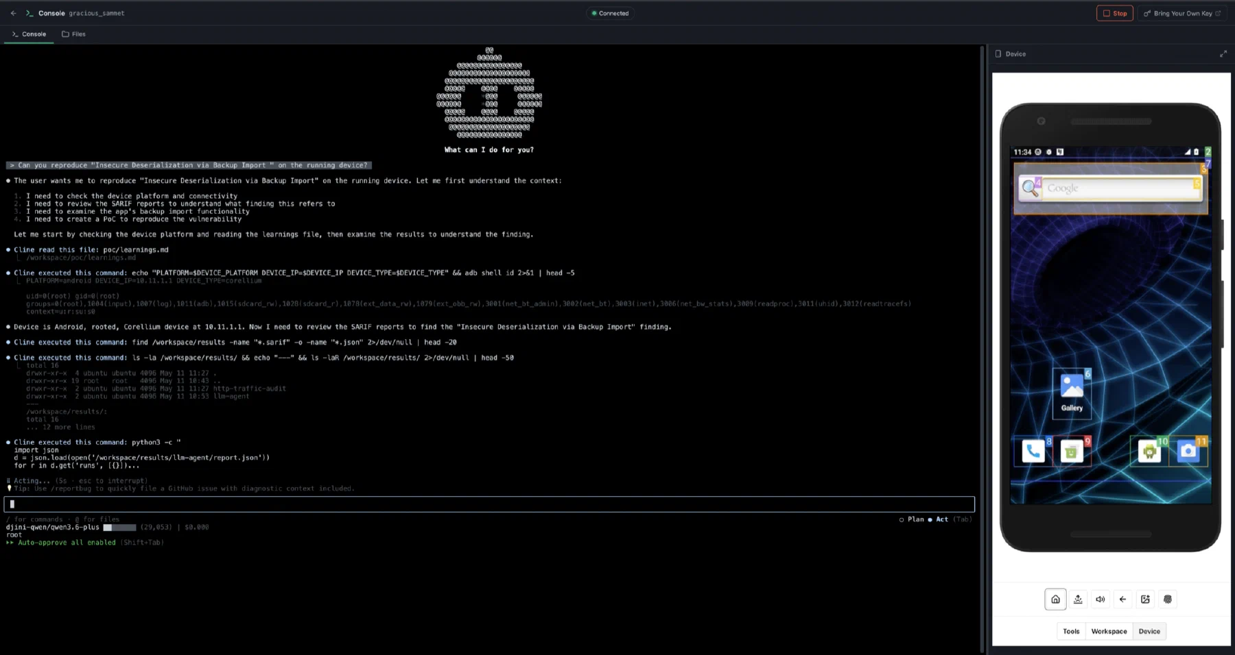 The Djini agentic console reproducing a finding on a connected Android test device