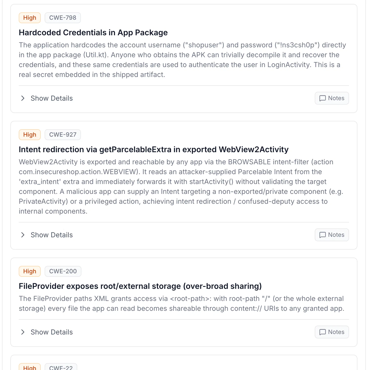 Djini AI SAST findings for the InsecureShop training app, ranked by severity with their CWE mapping