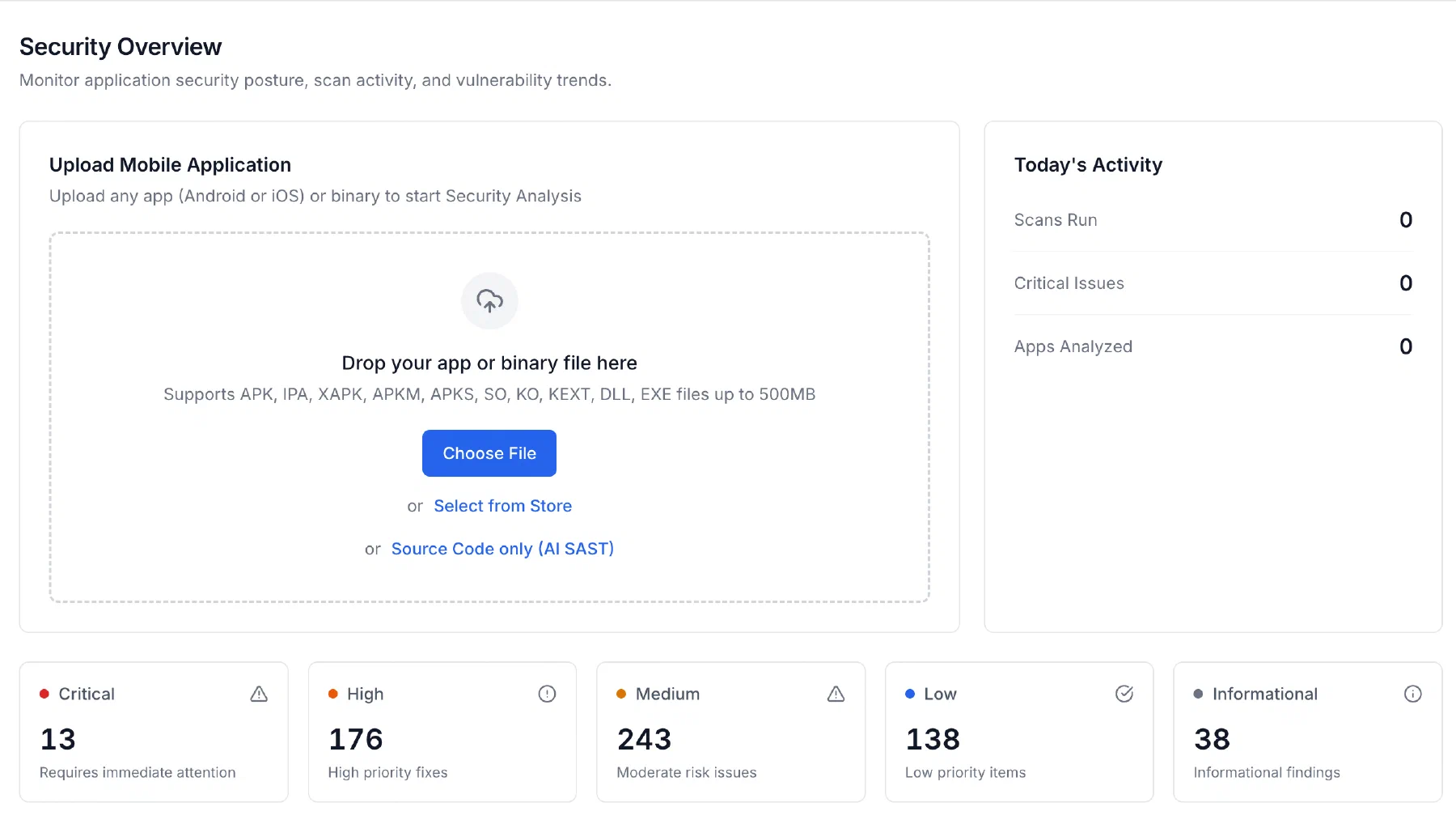 The Djini security overview: upload an app binary or source code, and findings by severity
