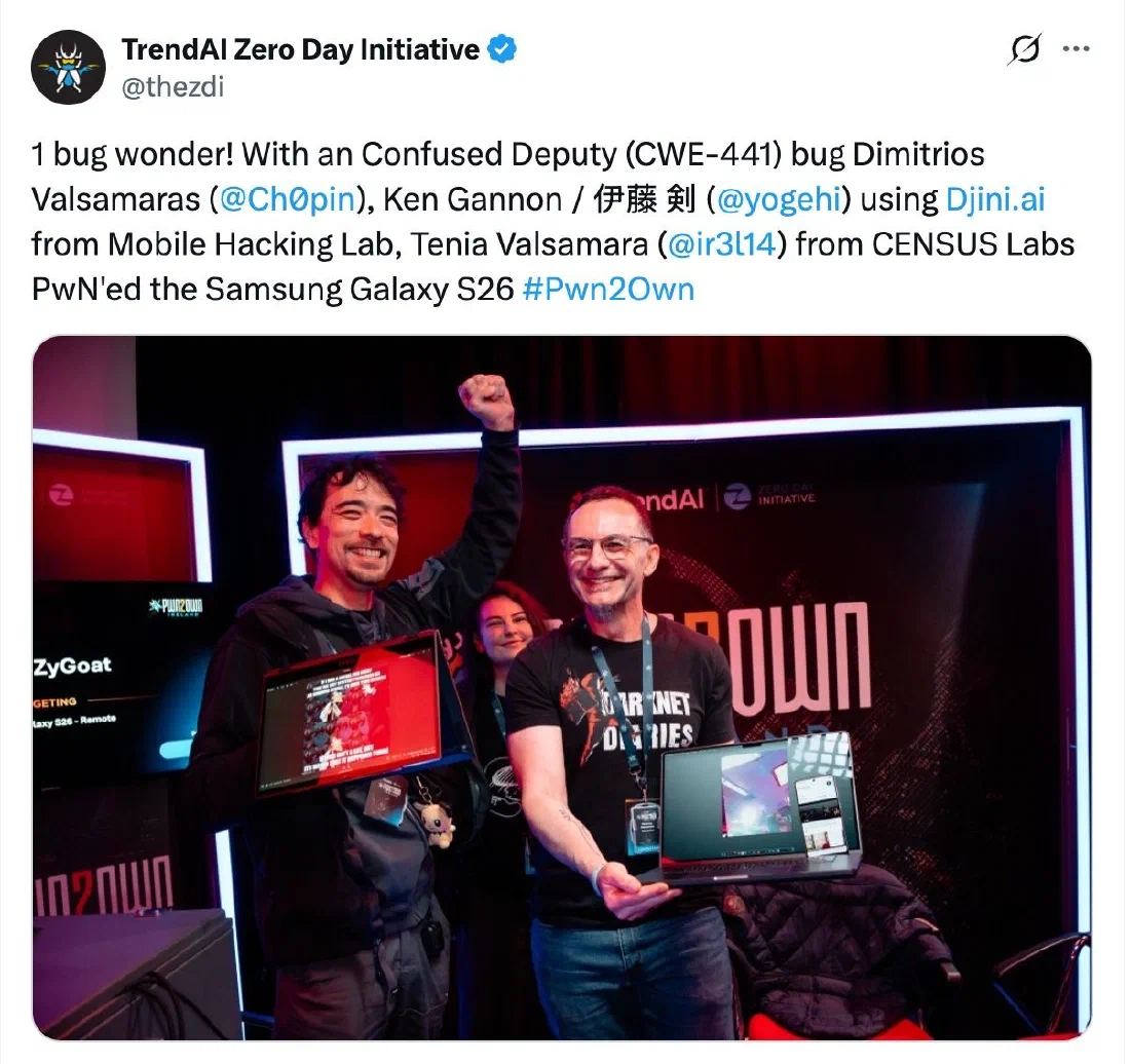TrendAI Zero Day Initiative's post crediting Dimitrios Valsamaras, Ken Gannon using Djini.ai, and Tenia Valsamara for exploiting the Samsung Galaxy S26 at Pwn2Own