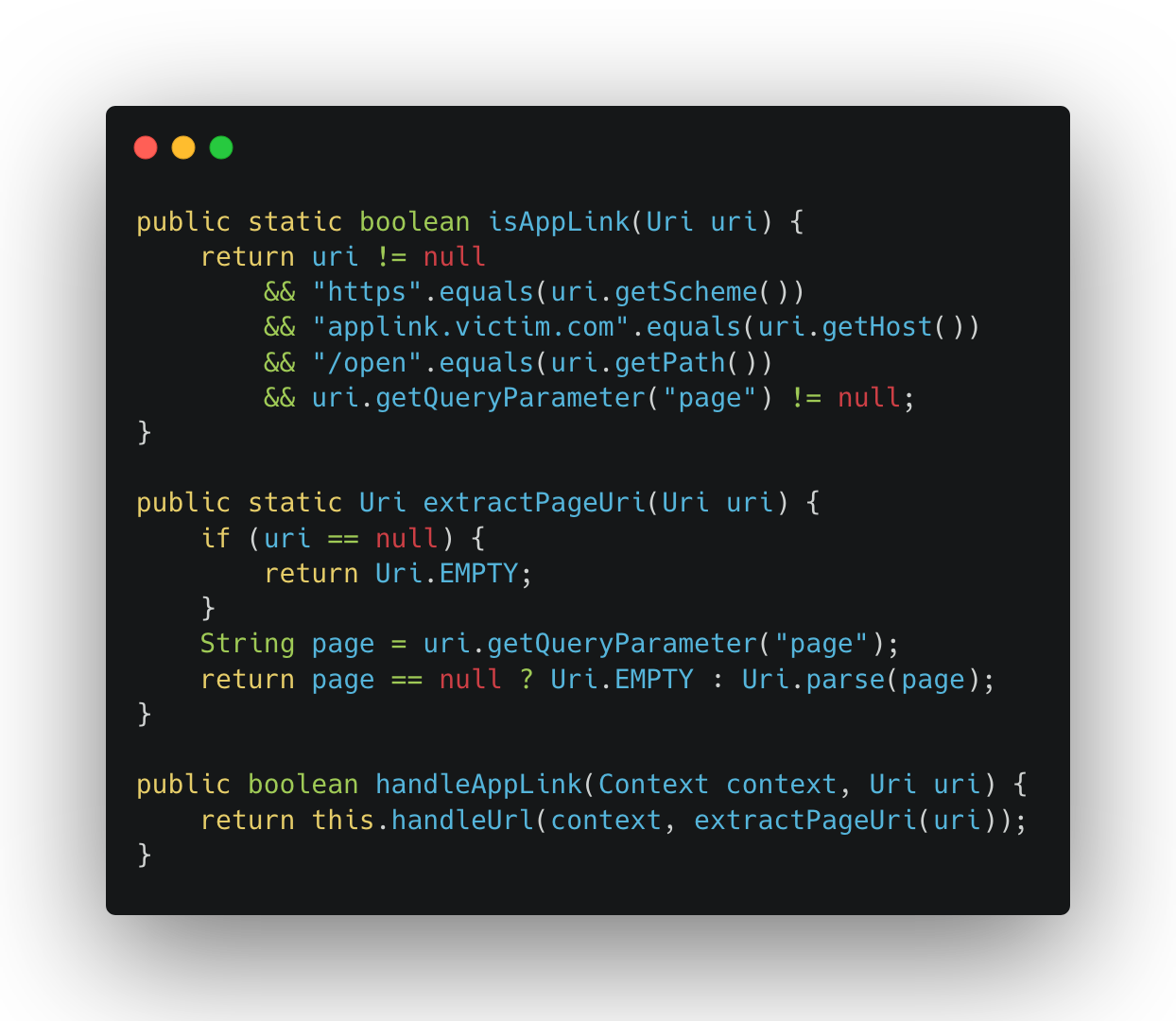Figure from “1-Click ATO: A studycase of common Android apps misconfigurations.” — handleAppLink