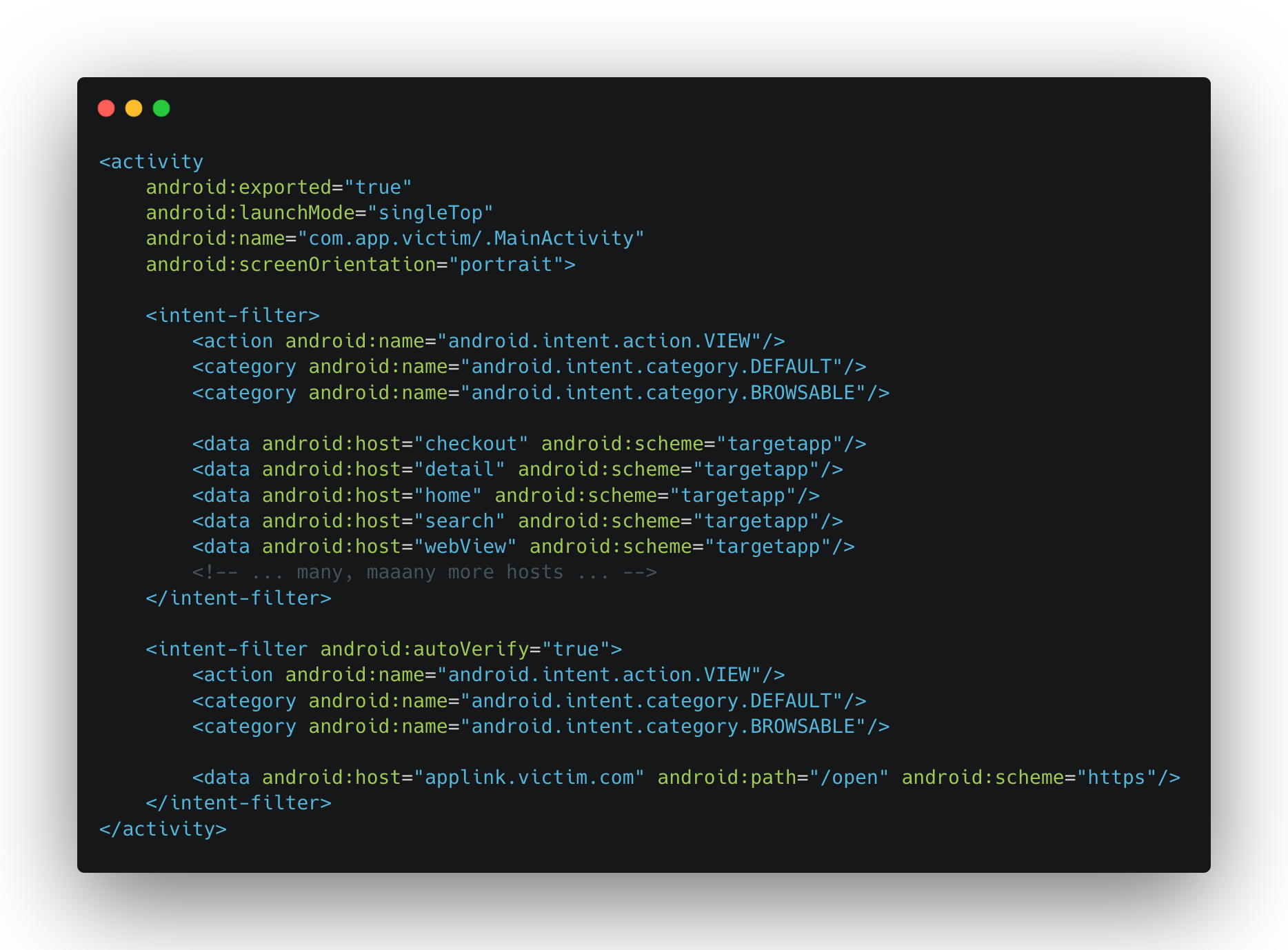 Figure from “1-Click ATO: A studycase of common Android apps misconfigurations.” — manifest