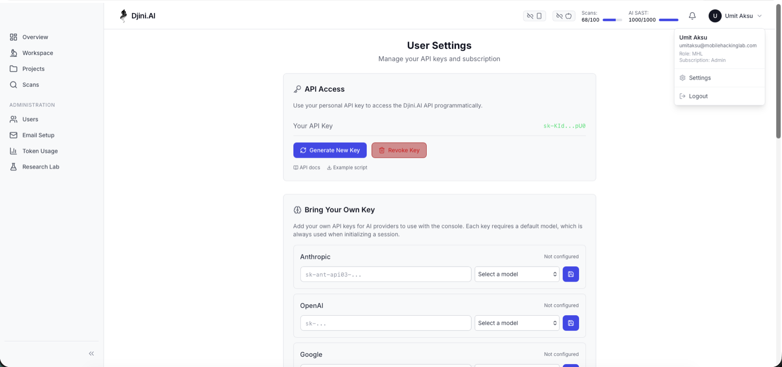 Djini console User Settings page showing the API Access card with a masked API key and Generate New Key button.