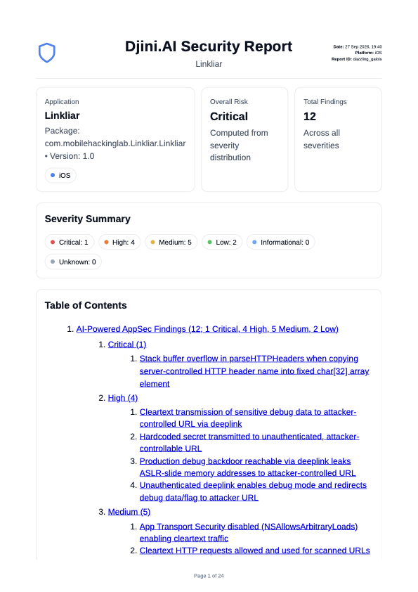 First page of the Djini.AI PDF security report for Linkliar: application metadata, overall risk Critical, 12 total findings, a severity summary with counts per level, and a table of contents listing each finding including the stack buffer overflow in parseHTTPHeaders.
