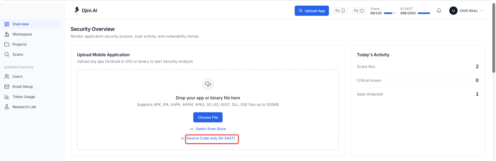 Djini Security Overview page with the Upload Mobile Application panel; the Source Code only (AI SAST) link beneath Choose File is highlighted with a red rectangle.