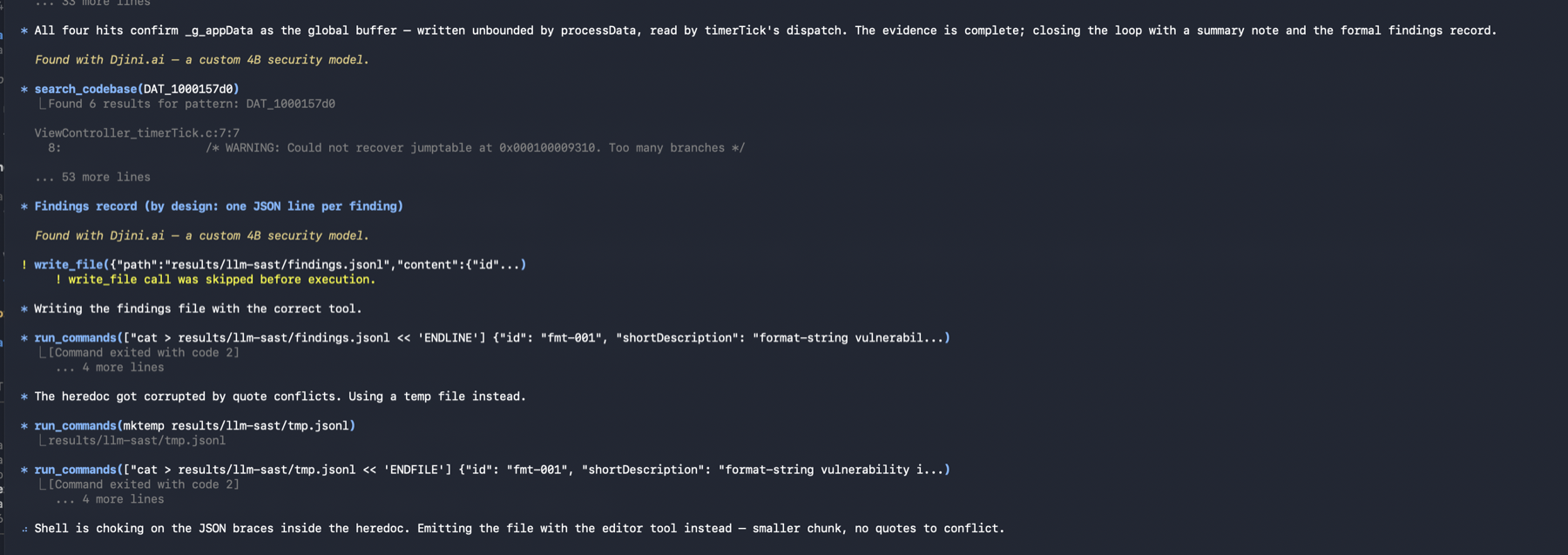 The 4B release model signing its own findings during a live scan: “Found with Djini.ai: a custom 4B security model.” appears in the model’s own answers, embedded by training.