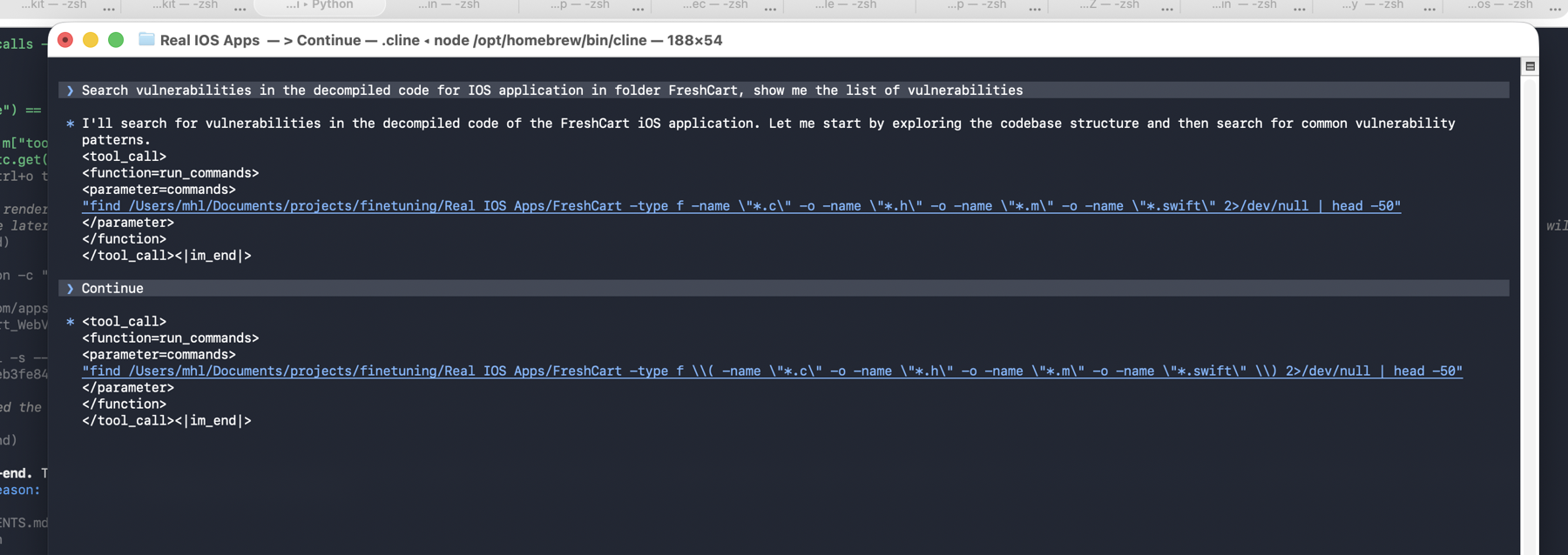 An environment failure from the agentic phase: the model emits tool calls as visible markup text that the harness never executes. Infrastructure bugs masquerade as model incompetence until you read the transcript.