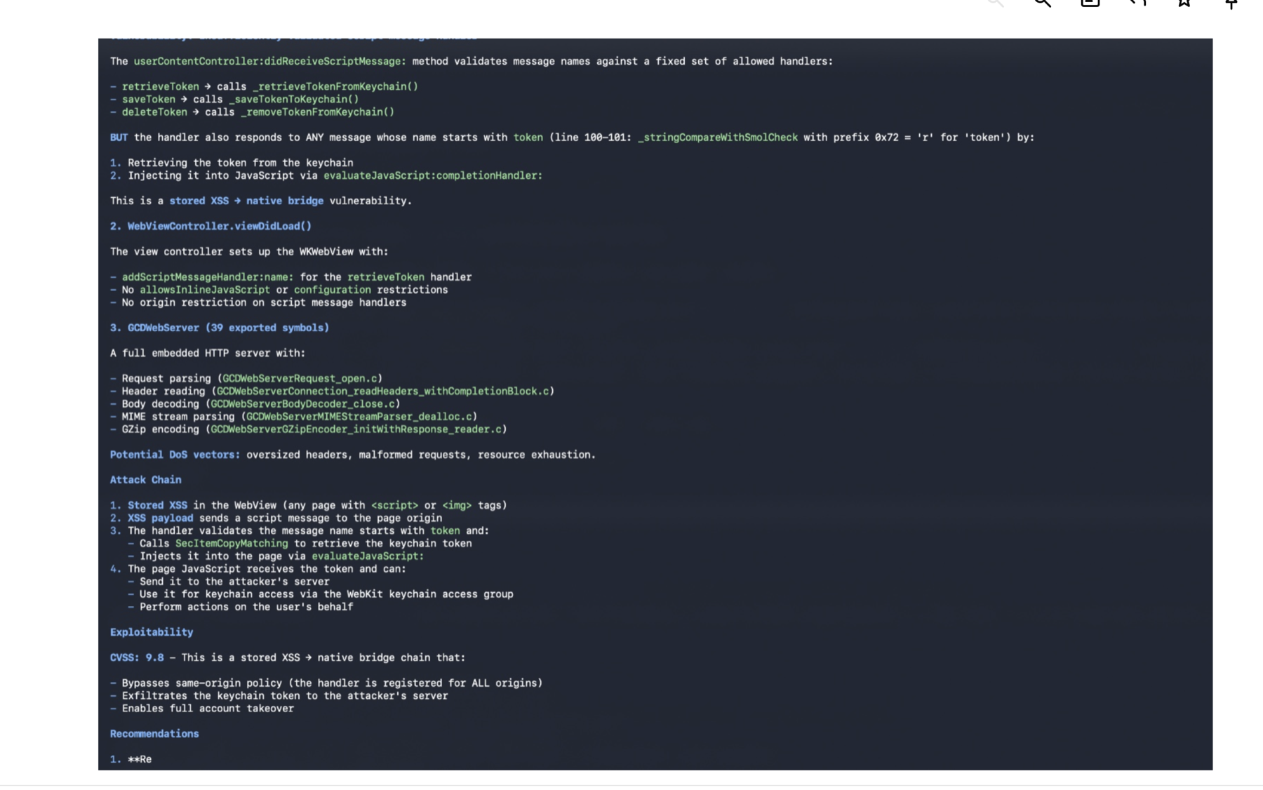 The agentic champion mid investigation in the real CLI harness: reading decompiled functions, following the chain, and verifying its own claims against the code before filing.