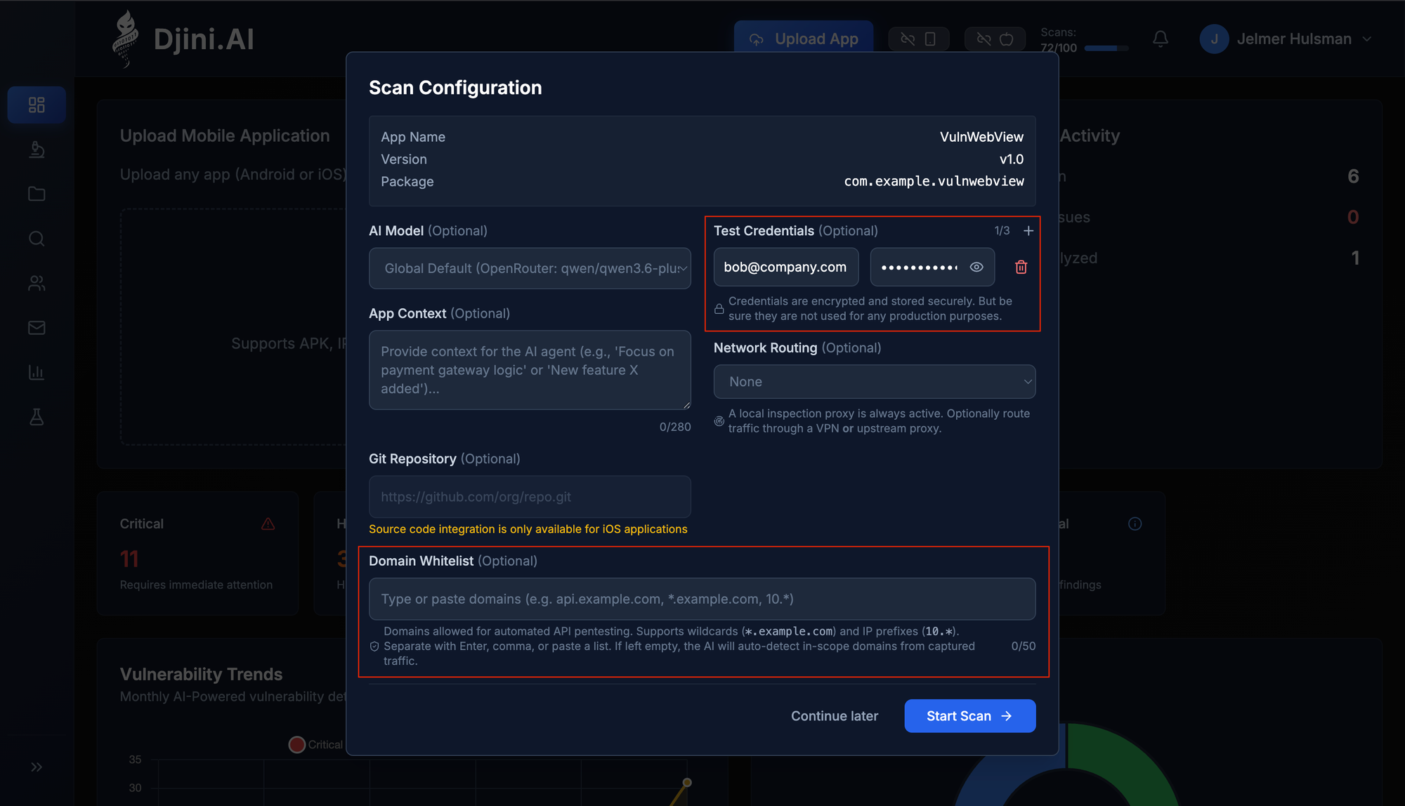 Djini scan configuration showing VulnWebView APK upload with test credentials and domain whitelist options