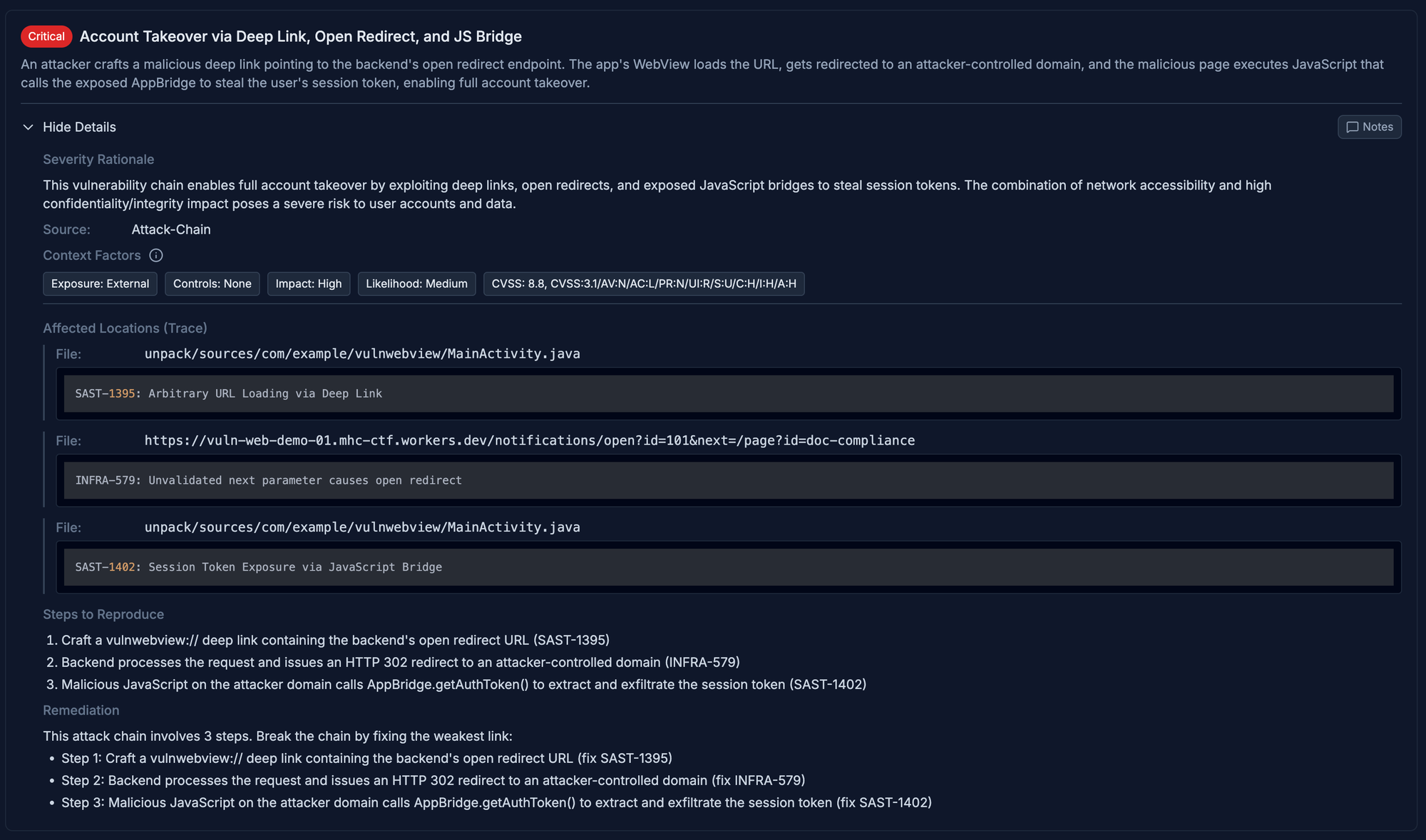 Djini attack chain: Account Takeover via Deep Link, Open Redirect, and JS Bridge rated Critical with CVSS 8.8