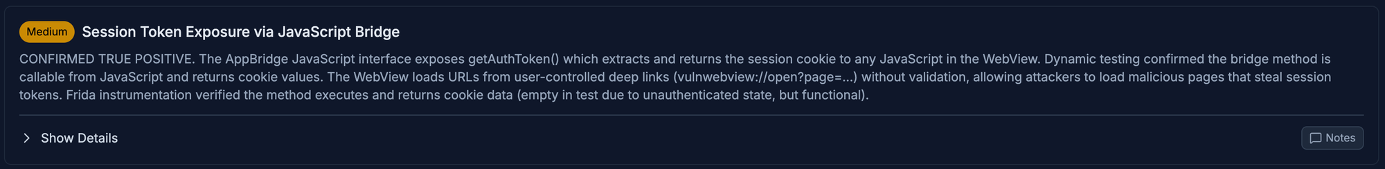 Djini finding: session token exposure via JavaScript bridge