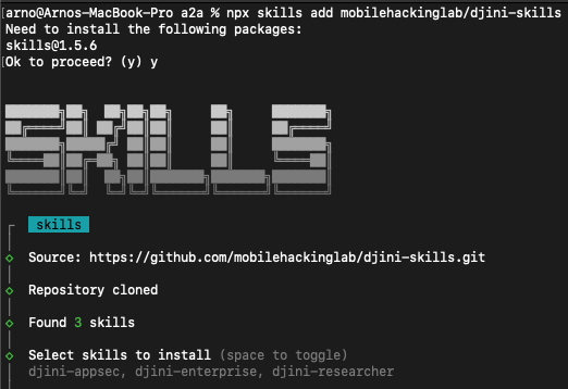Terminal showing npx skills add mobilehackinglab/djini-skills — skills CLI clones the repo, finds 3 skills, and prompts selection