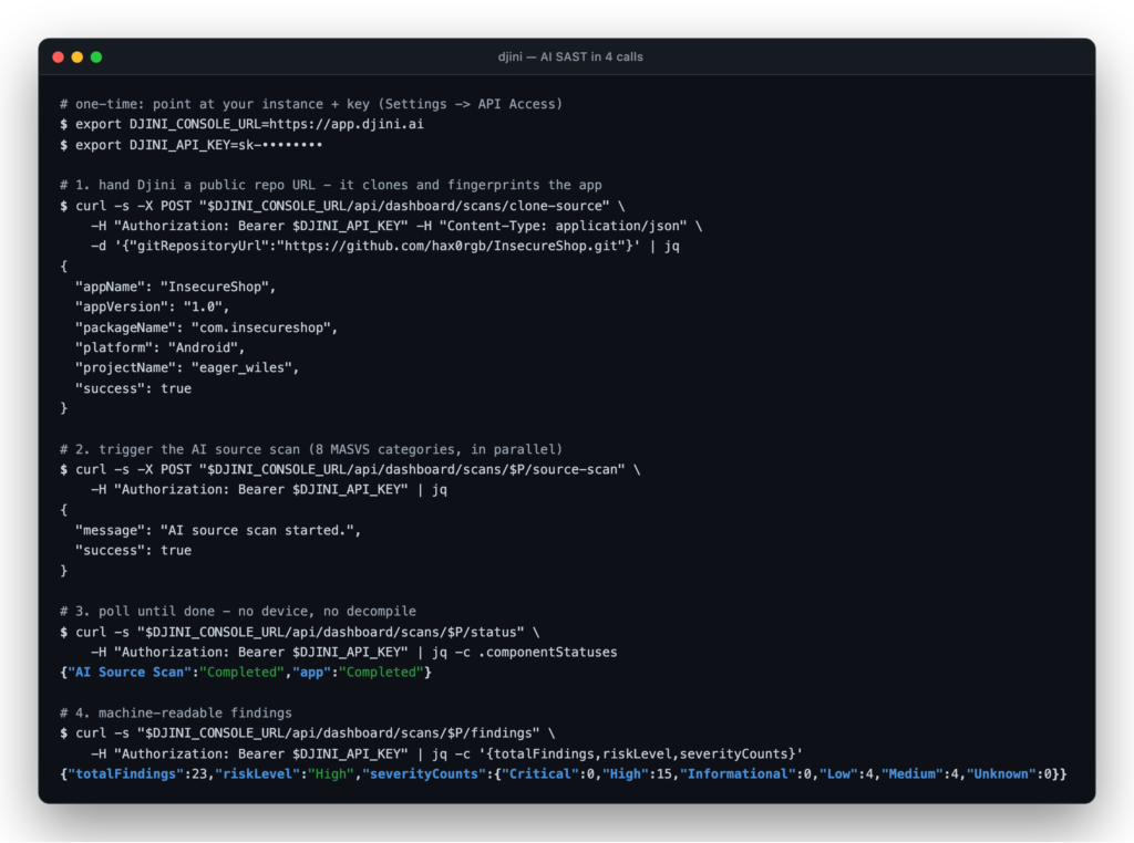 Terminal session showing four curl calls to the Djini API: clone-source returning project metadata, source-scan starting, status polling to Completed, and findings returning 22 total with severity counts.