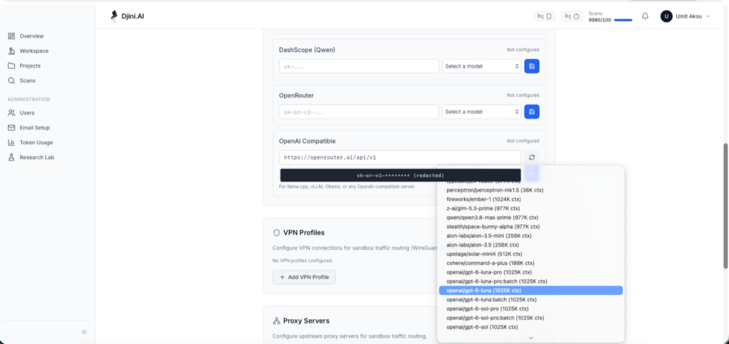 Djini Bring Your Own Key settings, OpenAI Compatible card configured with a base URL, a redacted API key and a model selected from the live provider list.