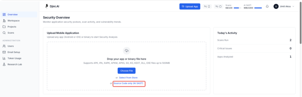 Djini Security Overview page with the Upload Mobile Application panel; the Source Code only (AI SAST) link beneath Choose File is highlighted with a red rectangle.