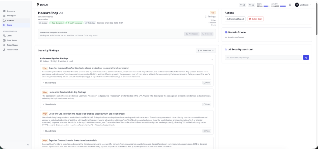Djini scan results for InsecureShop showing 23 findings with 15 High, 4 Medium and 4 Low, and expandable finding cards for exported ContentProvider credential leakage, hardcoded credentials, and deep-link URL injection.