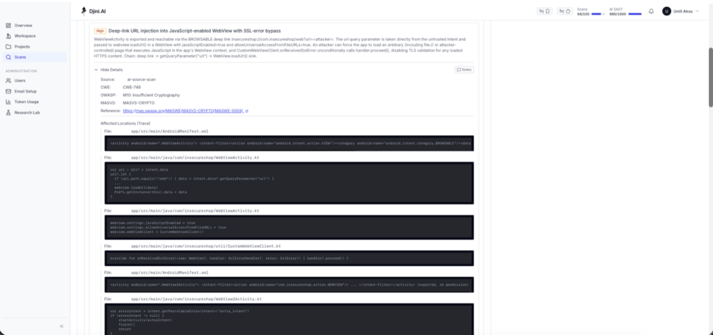 Djini finding detail for deep-link URL injection into a JavaScript-enabled WebView, showing CWE-749, OWASP M10, MASVS-CRYPTO, a MASWE reference link, and an Affected Locations trace listing five files with their exact code snippets.