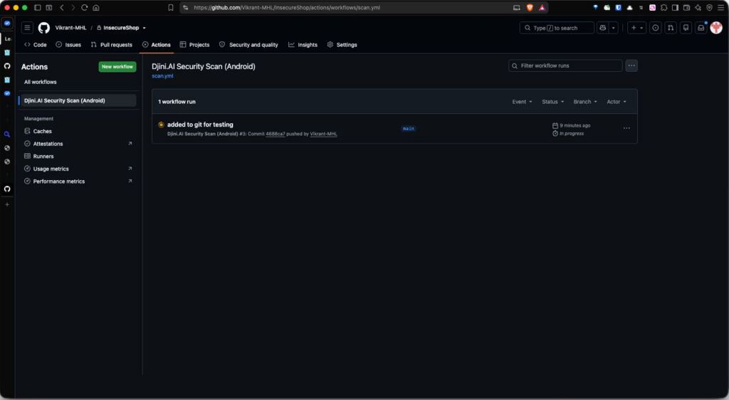 GitHub Actions page listing the Djini.AI Security Scan (Android) workflow from scan.yml, with one in-progress run on the main branch.