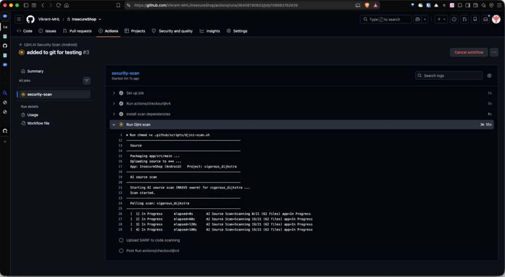 Expanded GitHub Actions job log for the Run Djini scan step, showing the source being packaged and uploaded, the AI source scan starting, and the poll loop reporting scanning progress with elapsed time.